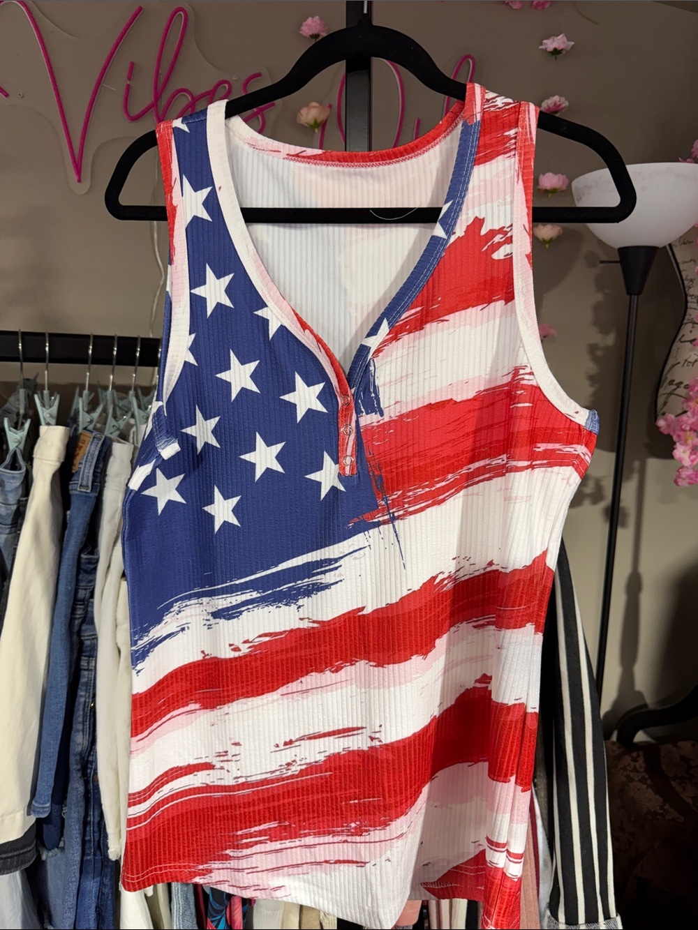Sleeveless American Flag Print Tank Top - Red, White & Blue